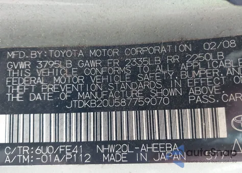 2008 Toyota Prius from USA, damaged, VIN JTDKB20U587759070